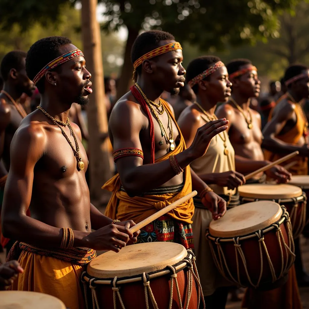 African drummers engrossed in a rhythmic performance, their energy resonating with the vibrant sounds of traditional African music.