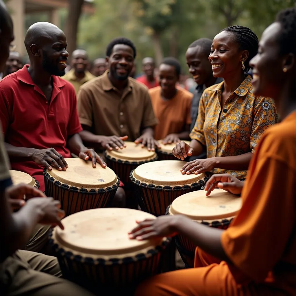 African Drumming Ceremony - People gathered, playing traditional drums