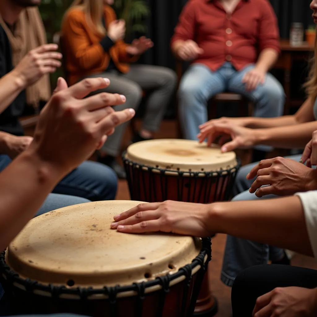 People participating in an African drumming circle