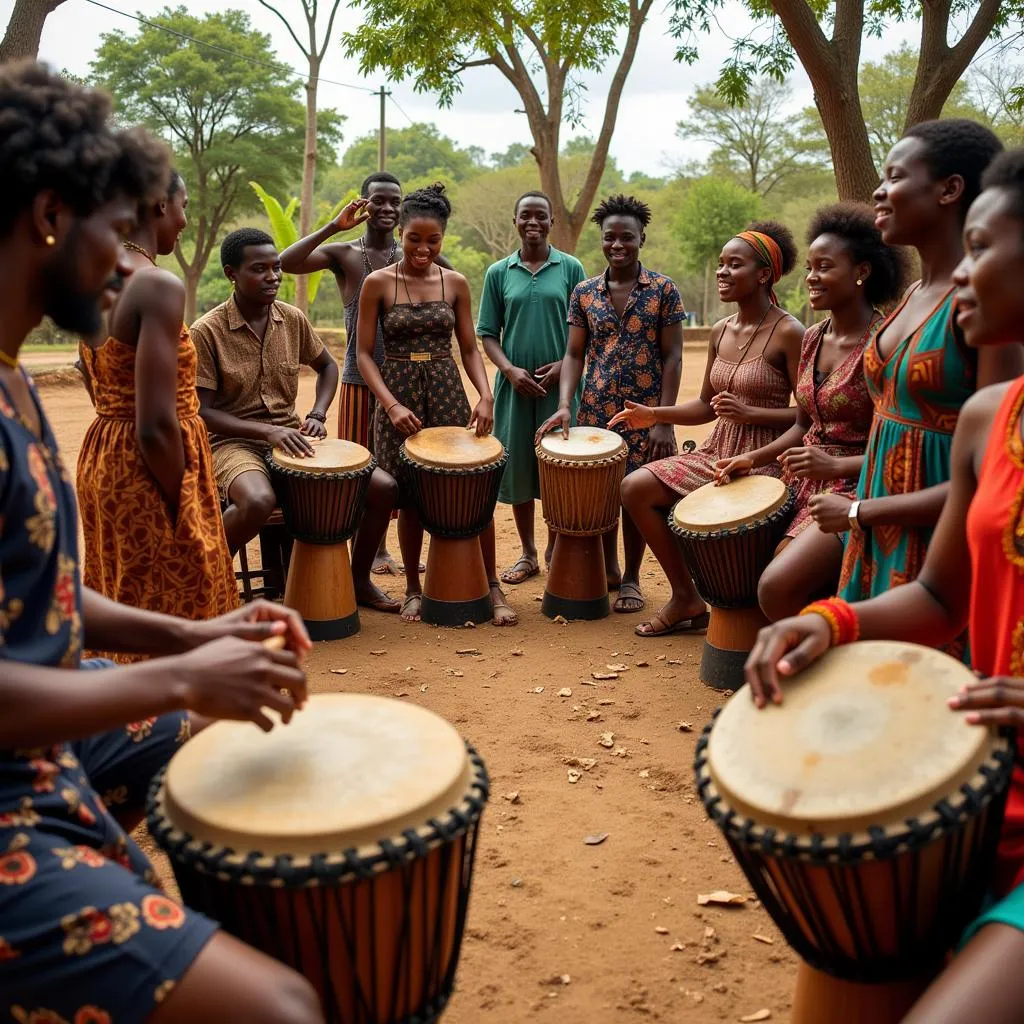 A group of people participating in a traditional African drumming circle