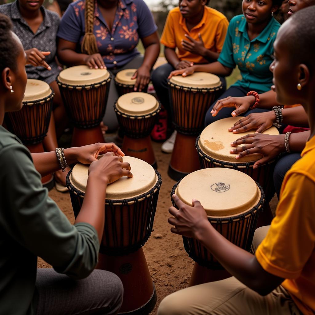 People gather in a circle, playing traditional African drums