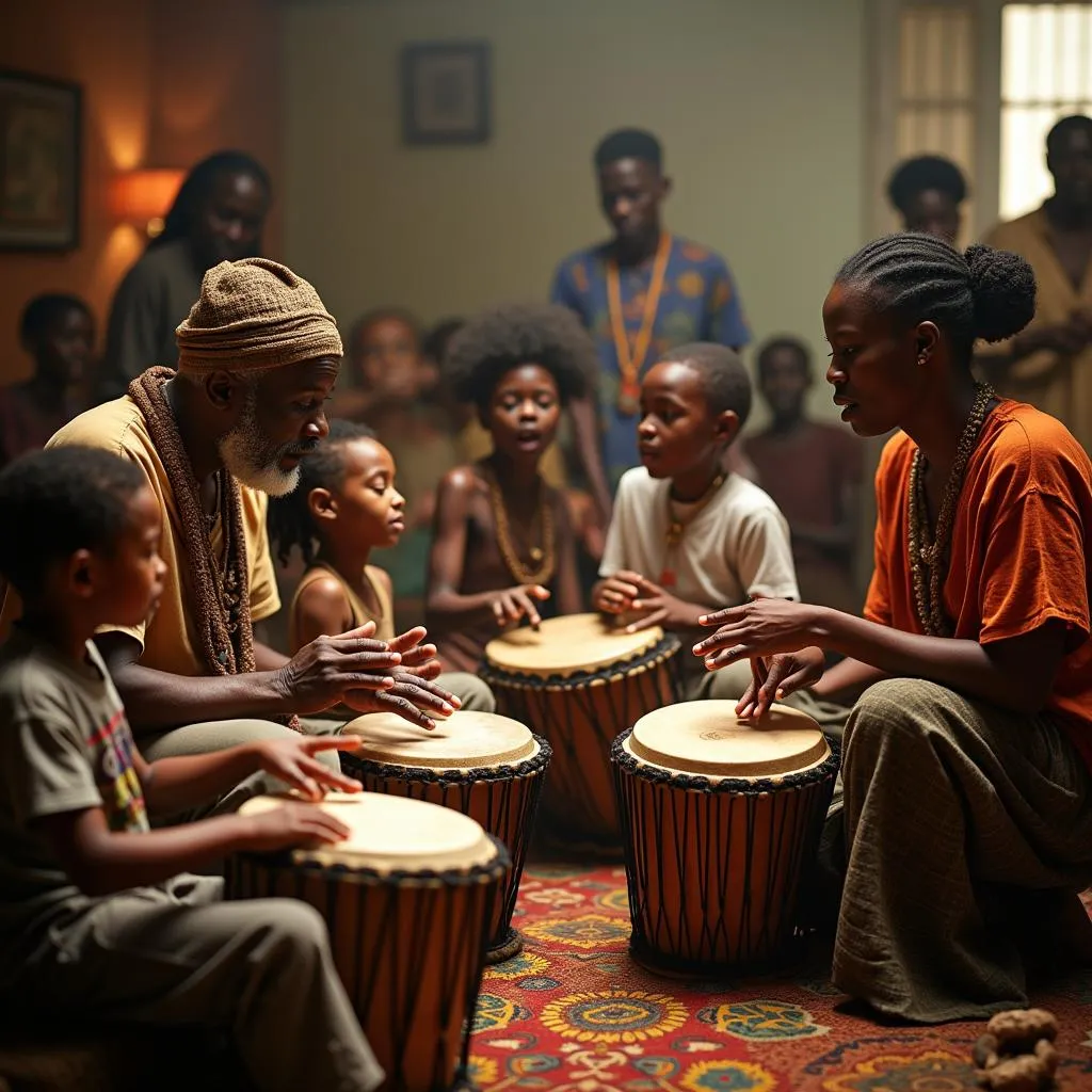 African drumming circle with elders teaching the younger generation