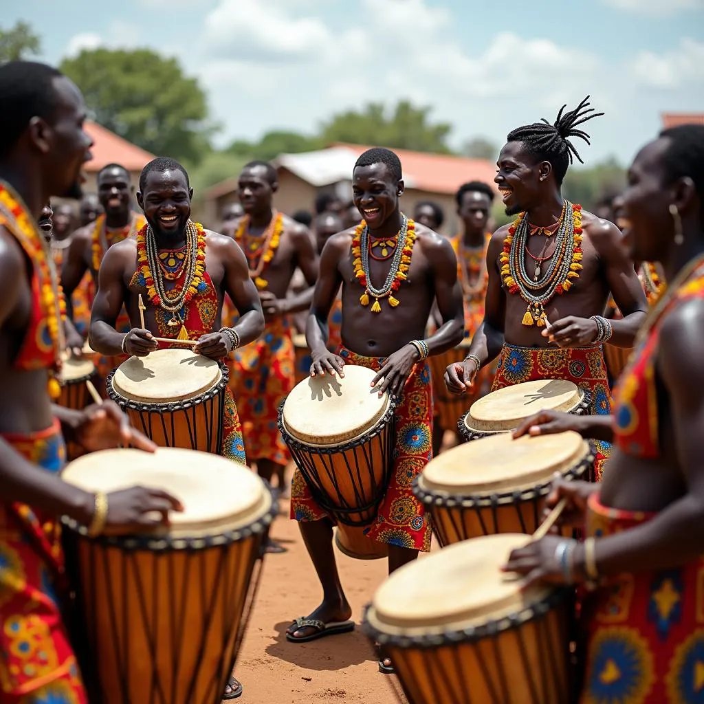 African drumming performance at a village ceremony