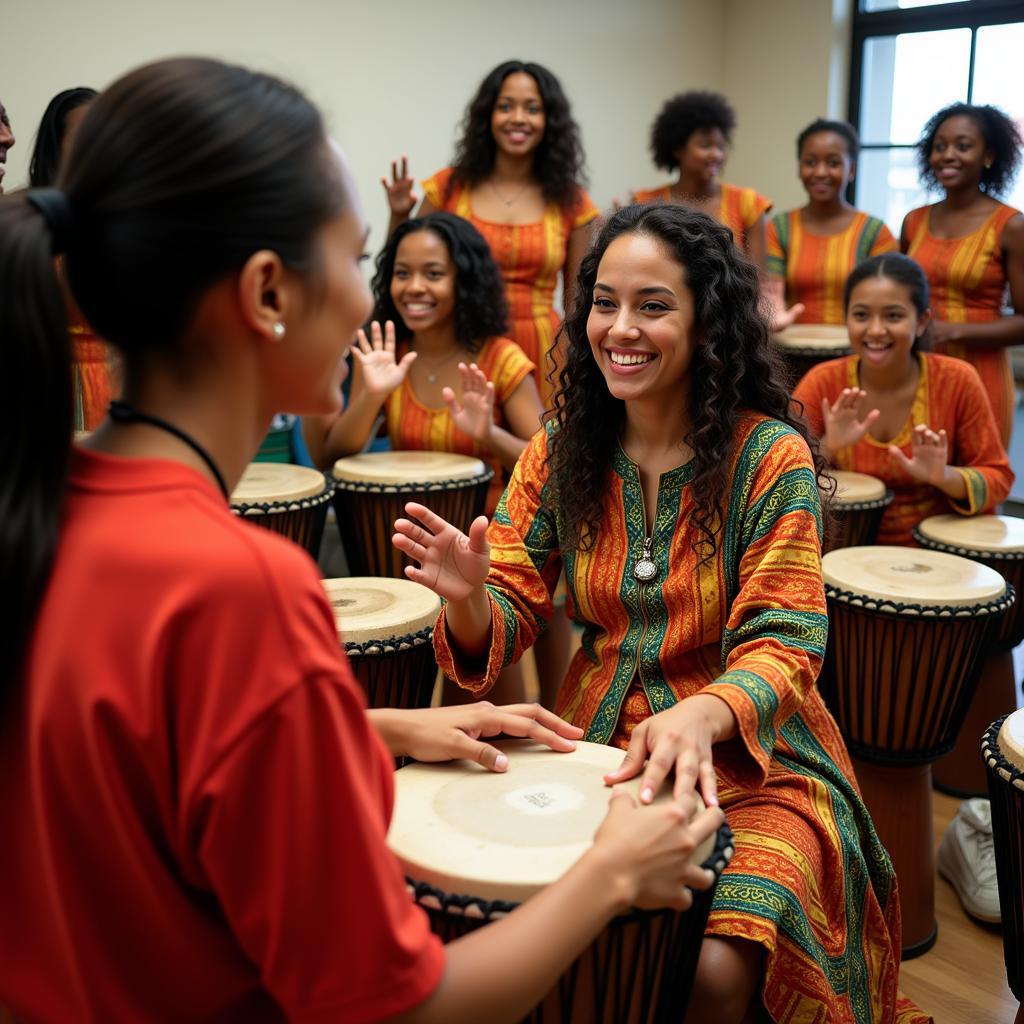 Beginners learning African drumming in a workshop