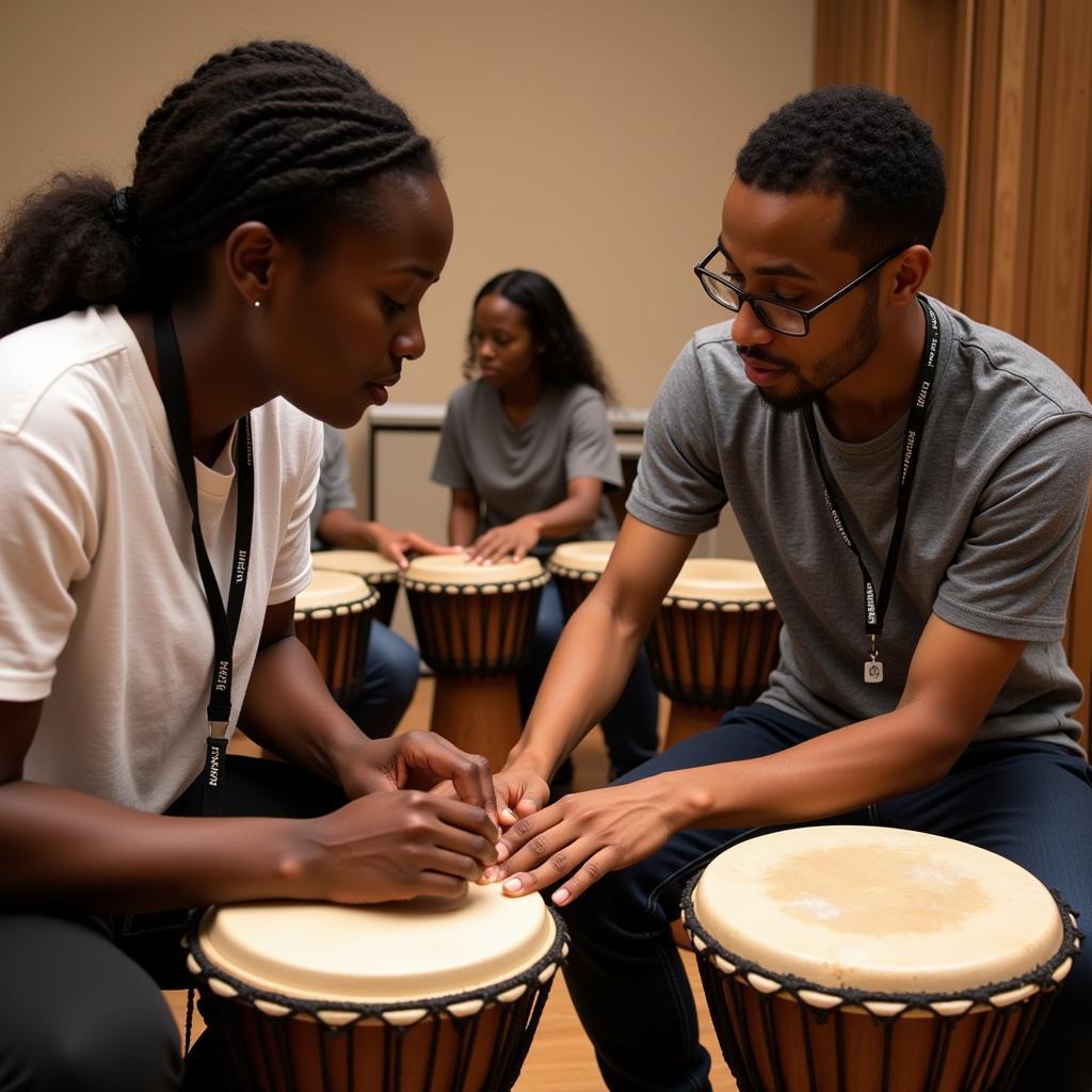 Experienced instructor guiding students in an African drumming workshop