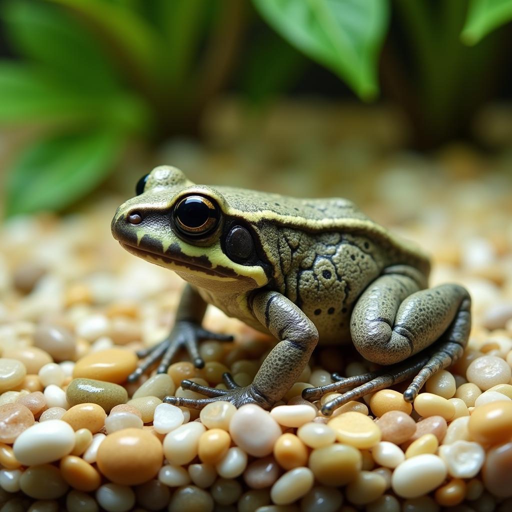 African dwarf frog resting on aquarium gravel