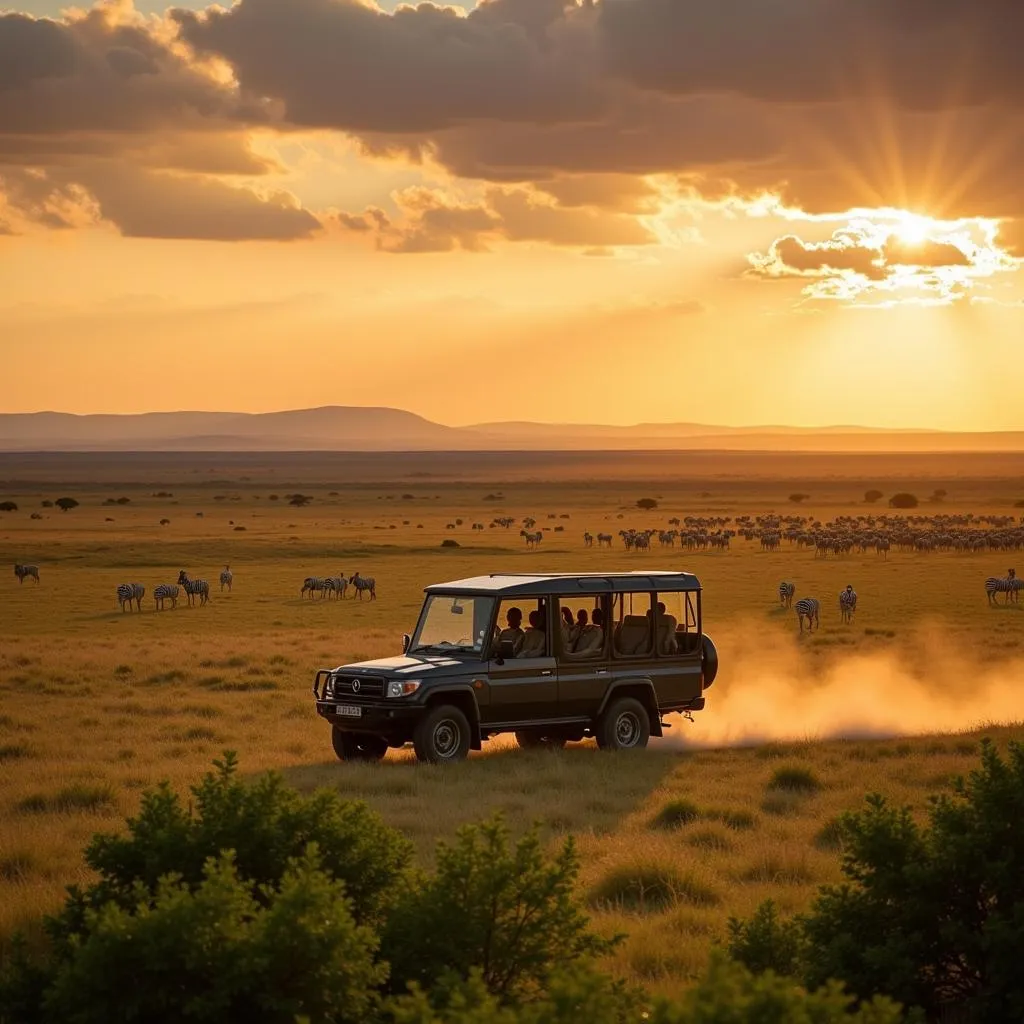 Luxury safari vehicle driving through African savanna