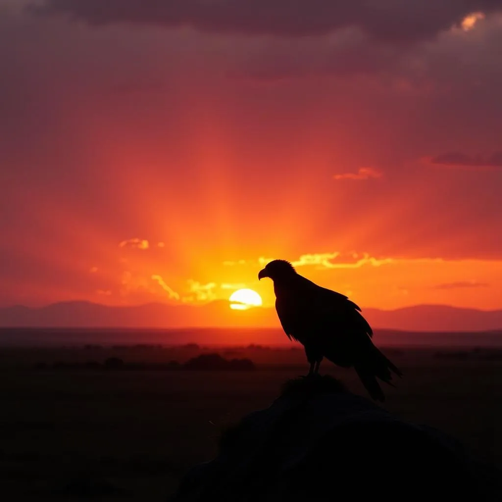 Silhouette of an African Fish Eagle against a vibrant sunset over the African savanna