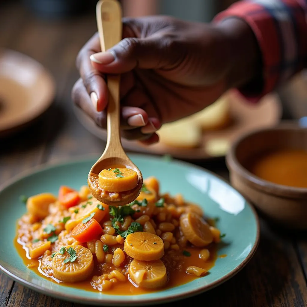 African woman using a wooden spoon to eat a traditional meal