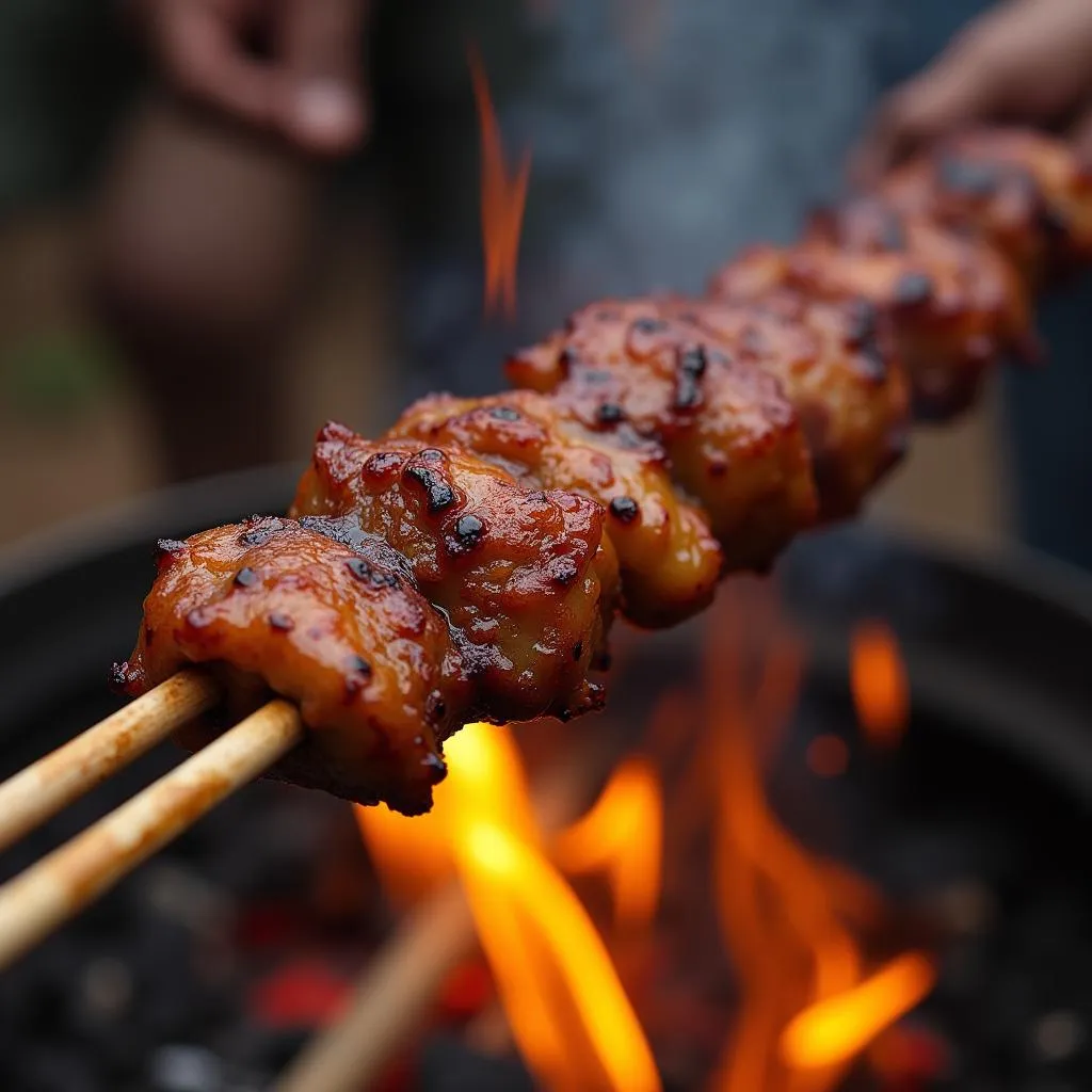 Close-up of a Nyama Choma stick with grilled meat