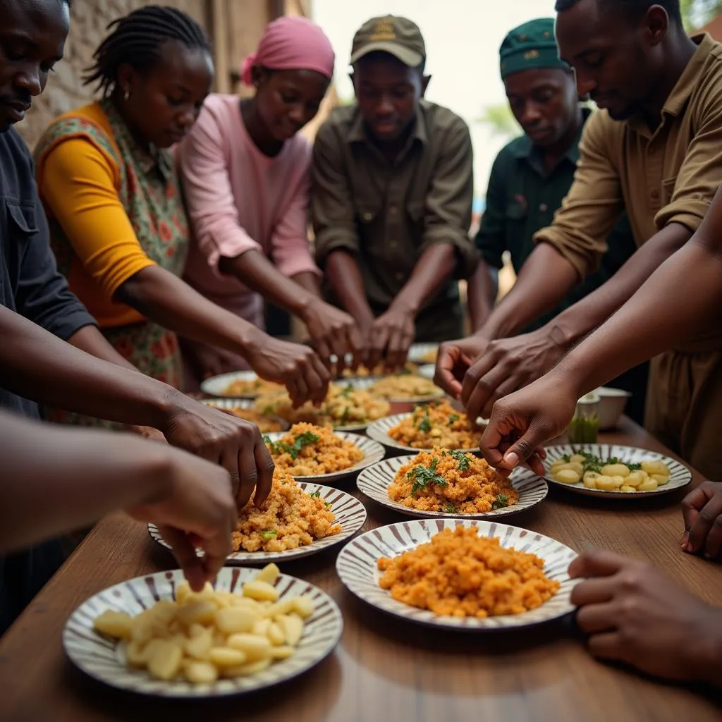 Group of people sharing a meal using their hands