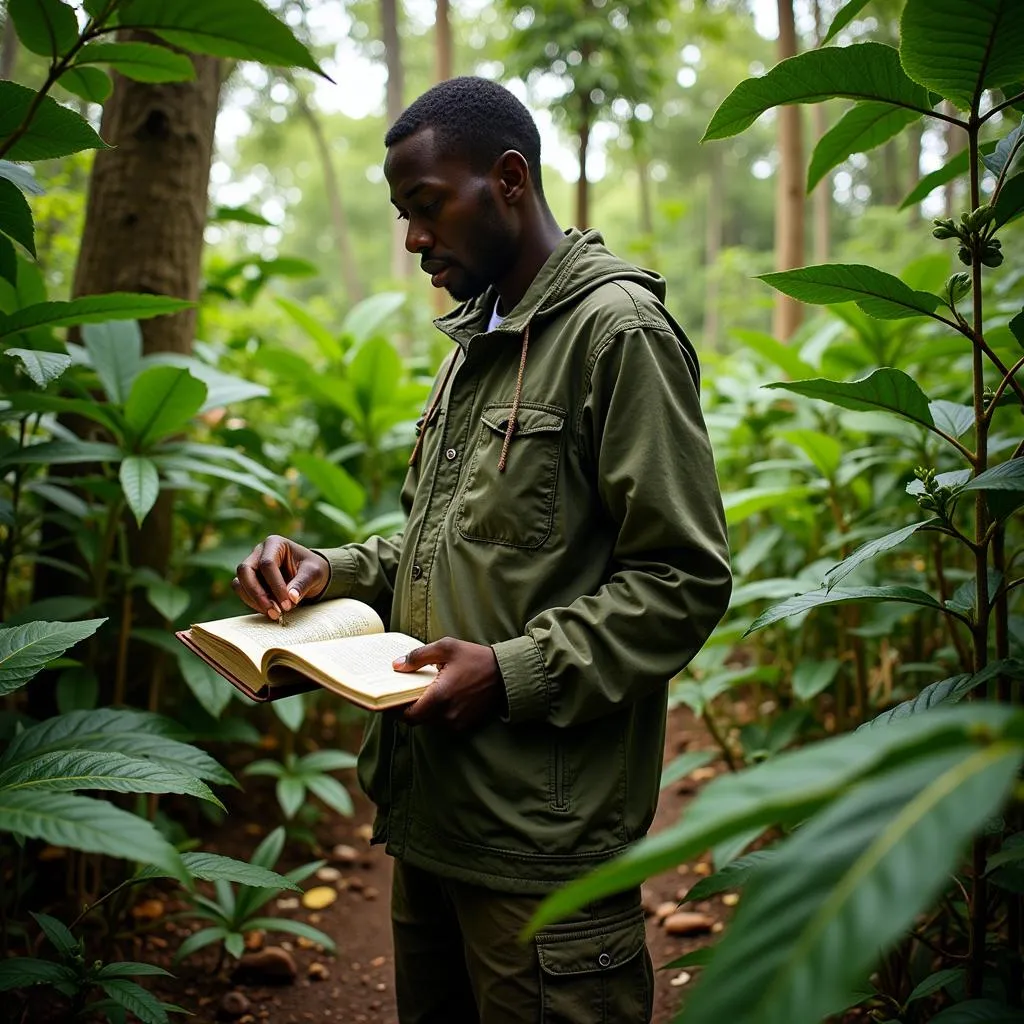 African Ecologist Collecting Plant Samples in Rainforest