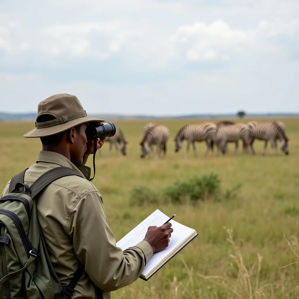 African Ecologist Studying Wildlife in the Savannah