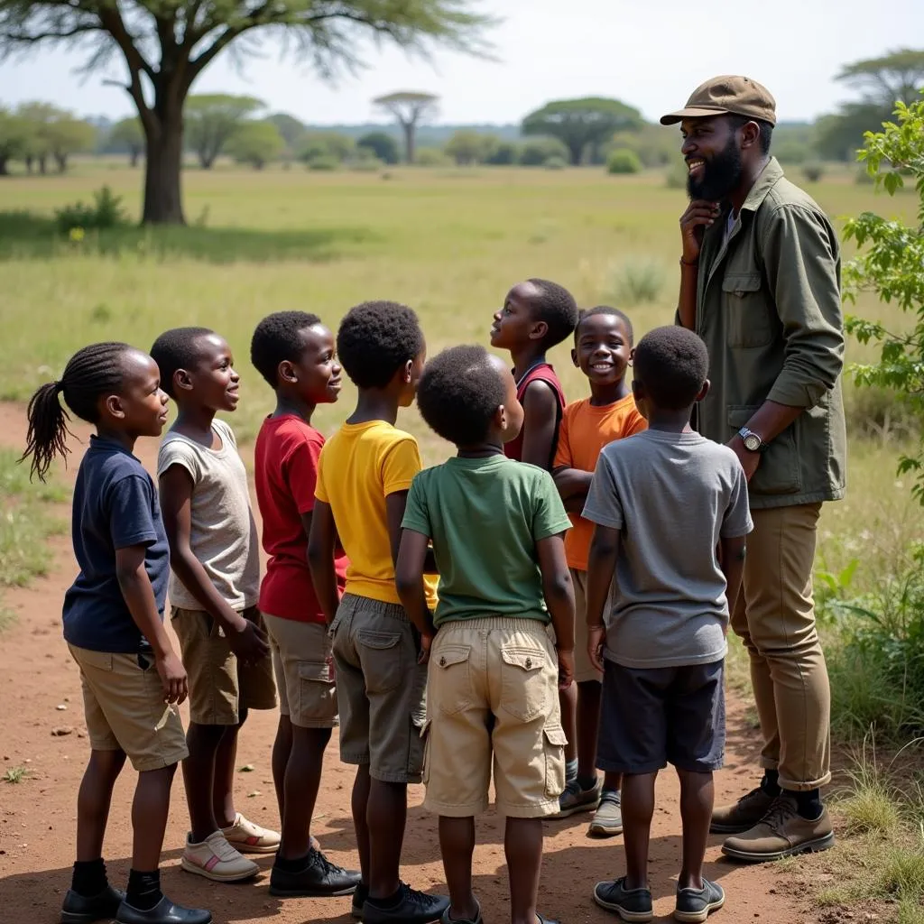 African Ecologist Teaching Children about Nature