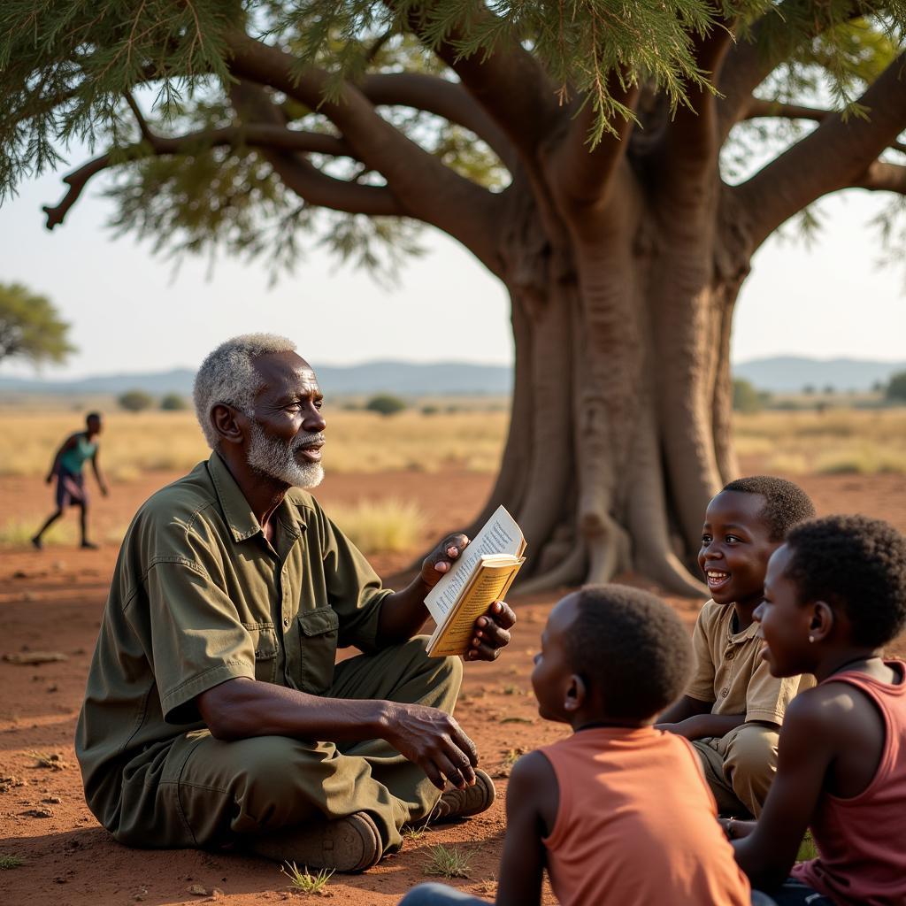 African elder sharing stories with children