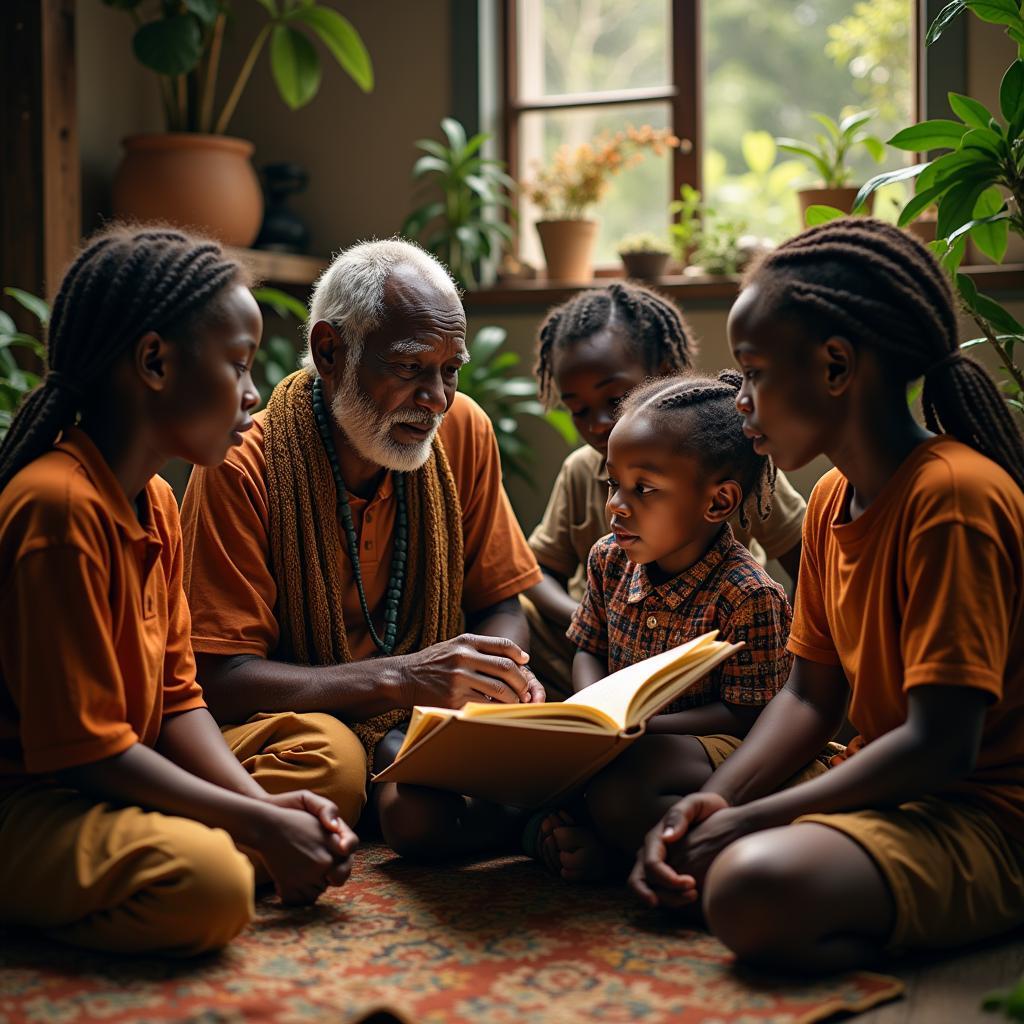 An African elder narrating stories to children