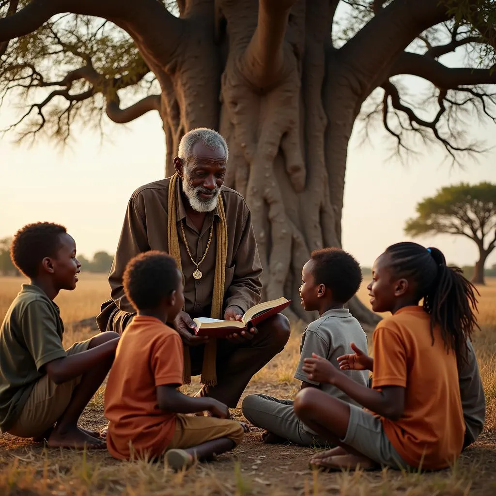 African elder telling stories to children