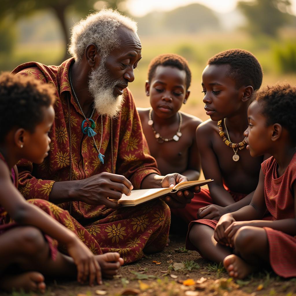 An African elder sharing ancestral stories with children