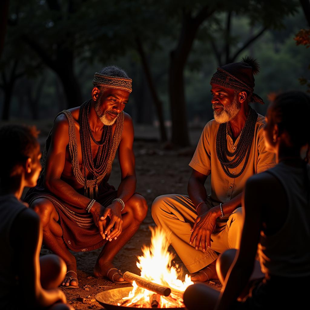 African Elders Sharing Stories Around Bonfire