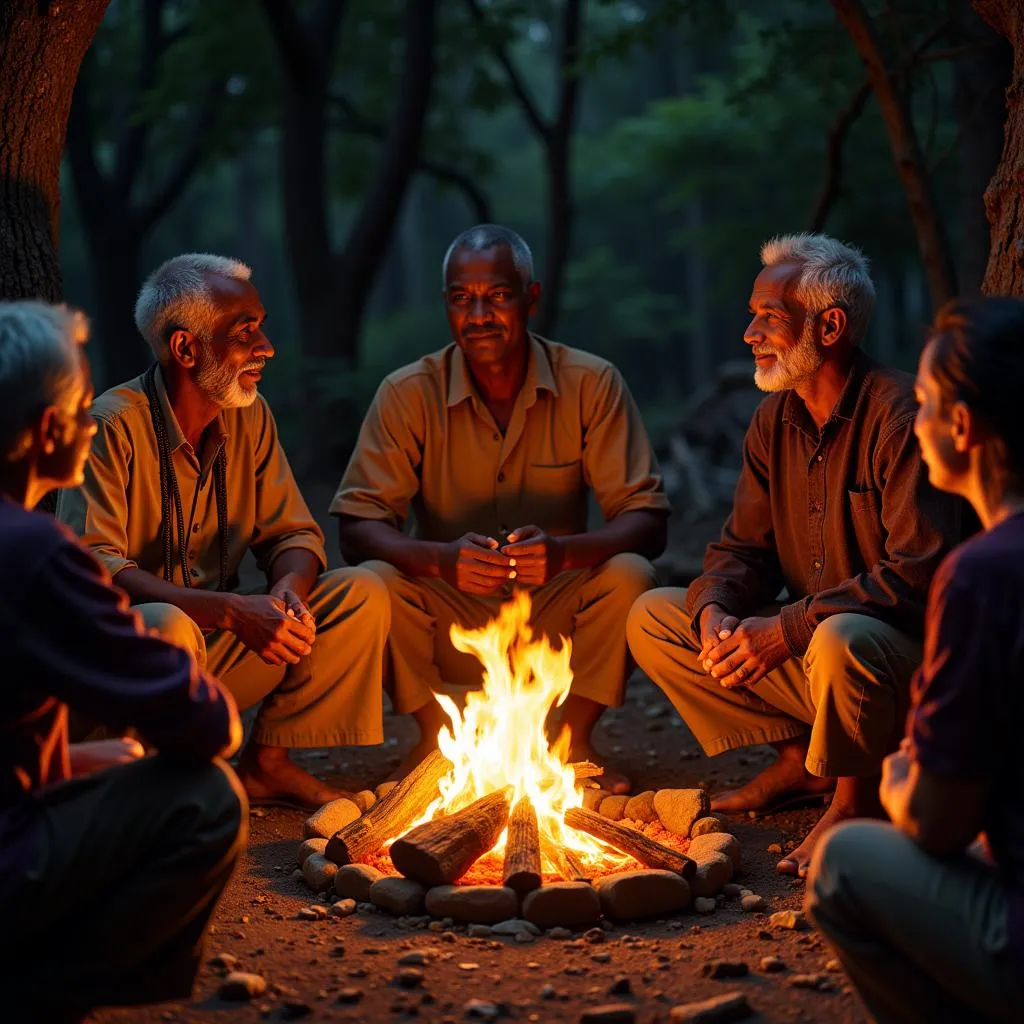 African elders sharing stories around a fire