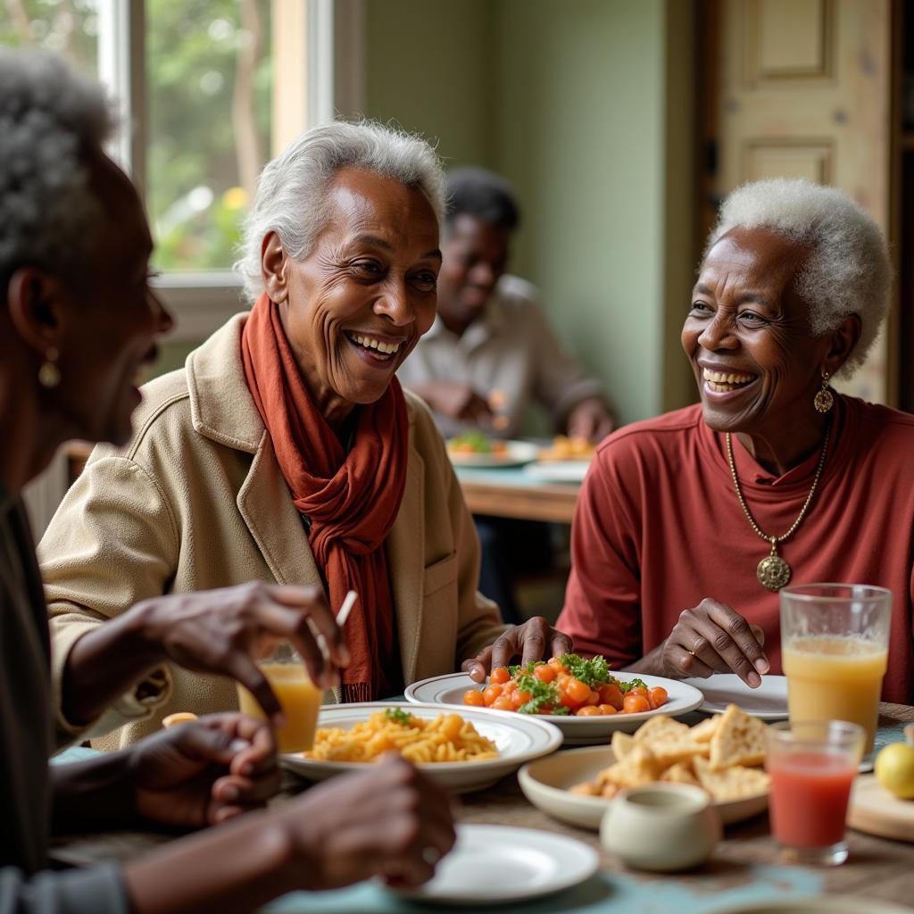 Elders sharing stories and laughter during a meal