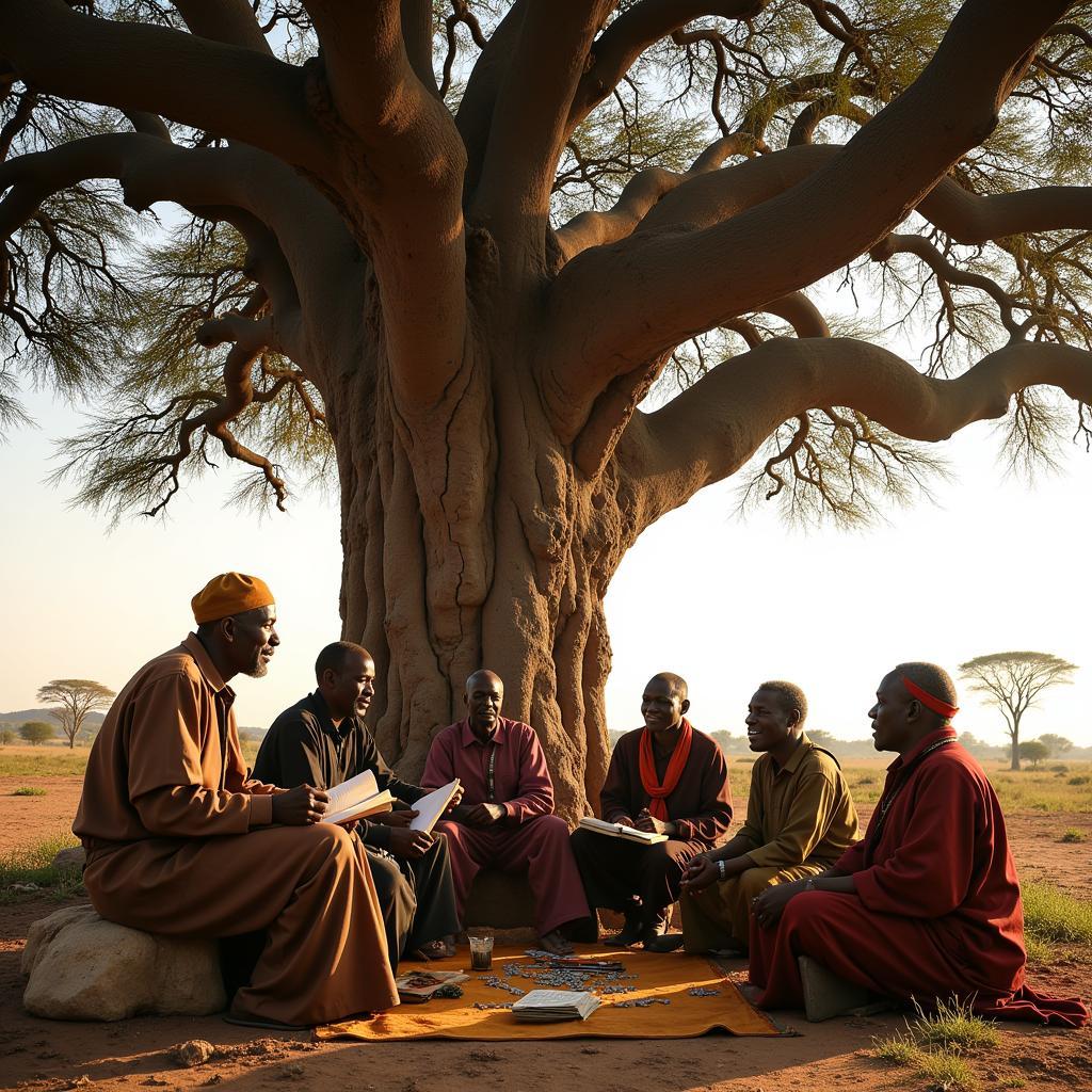 African elders sharing stories and wisdom under a baobab tree