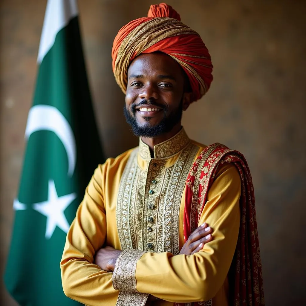 An African-Pakistani elected official stands proudly in front of a Pakistani flag