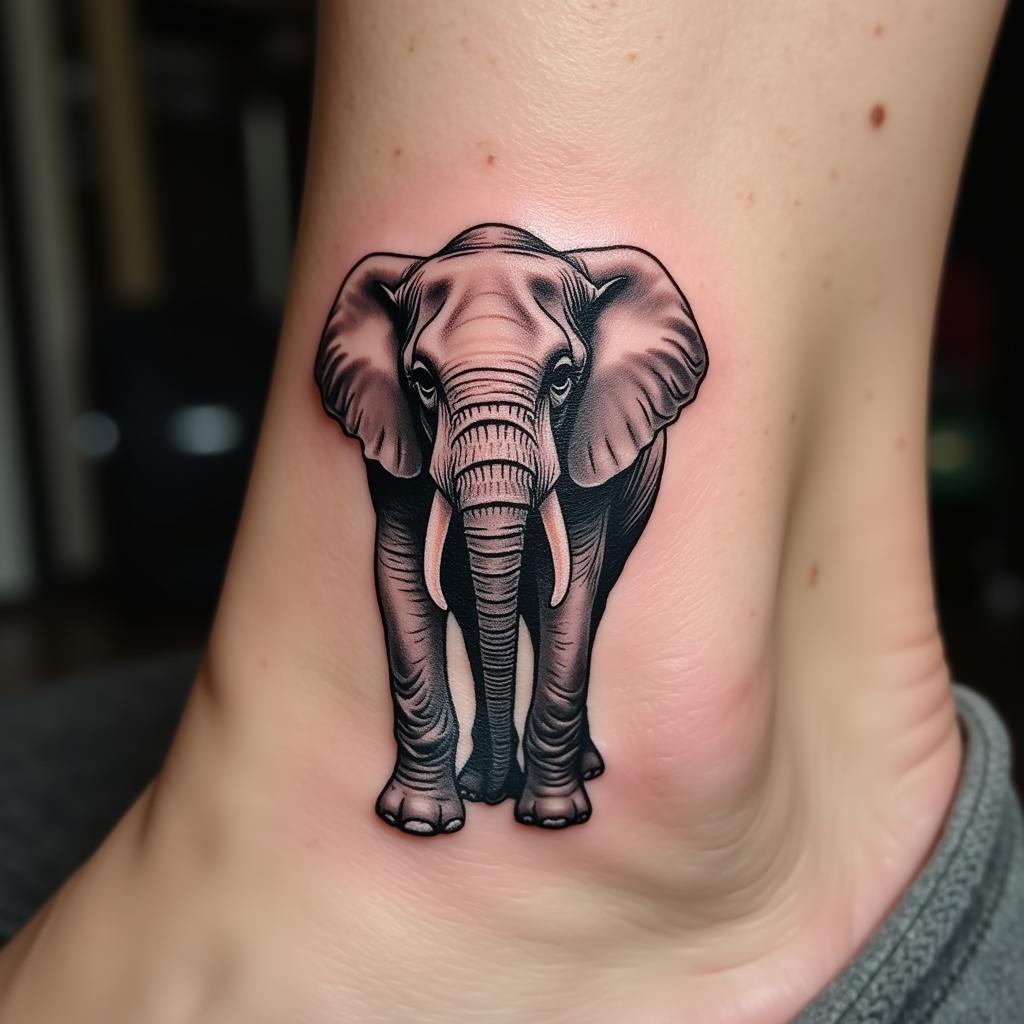 A woman with an intricate African elephant tattoo on her ankle