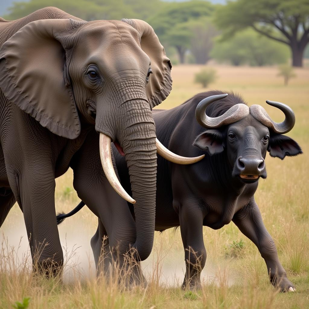 African Elephant Attacking Buffalo with Tusks