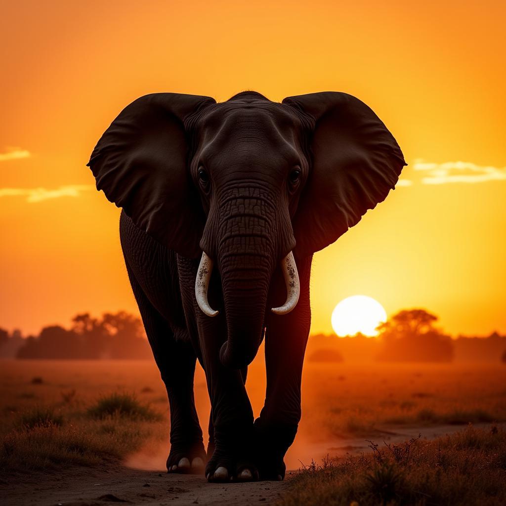 African elephant bull standing on the savanna at sunset