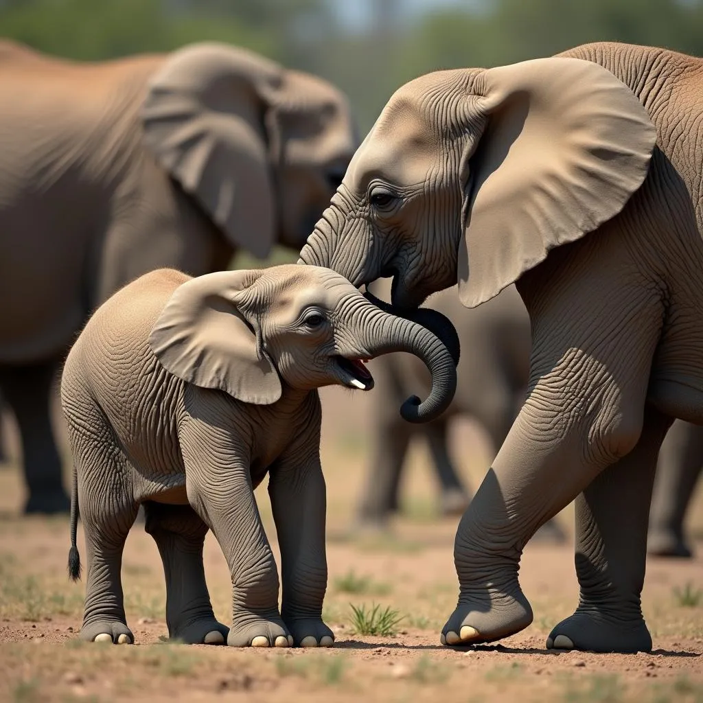 African elephant calf nursing from its mother