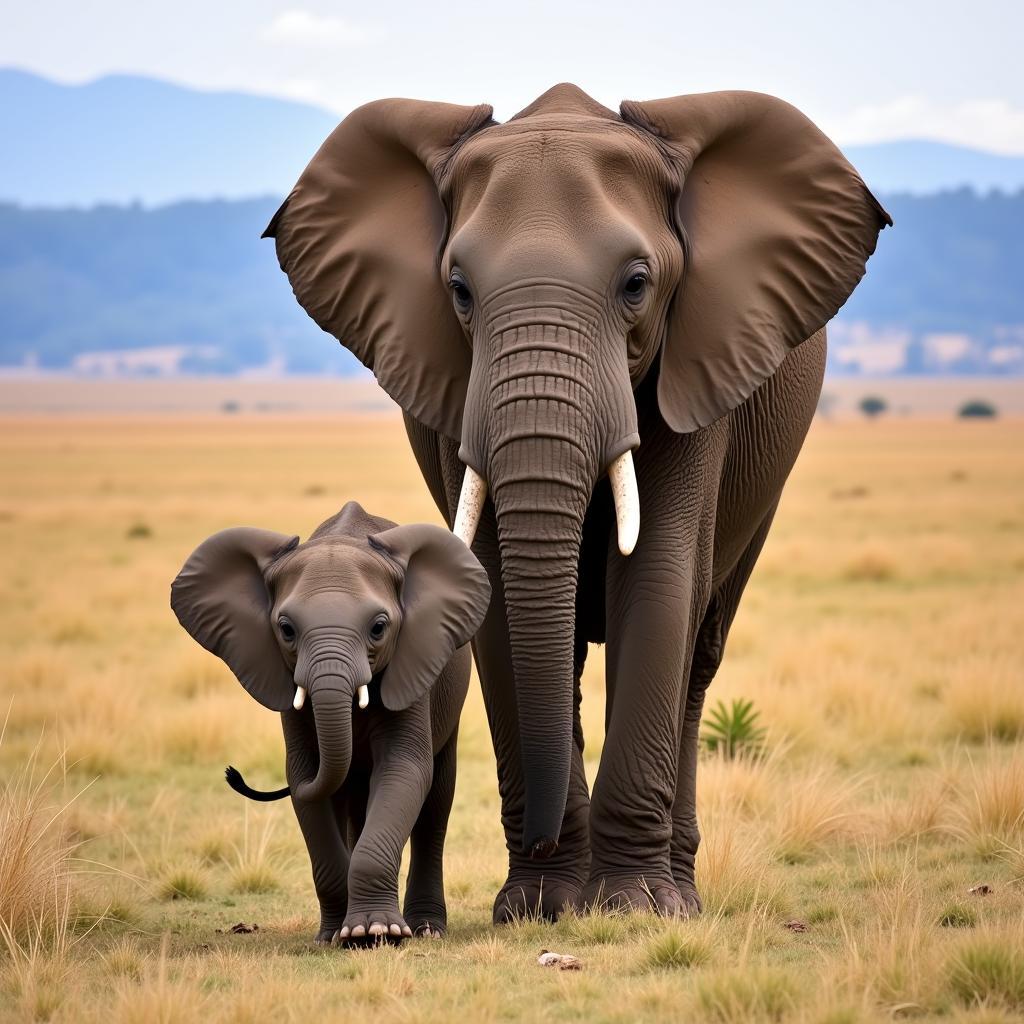 African Elephant Calf Following its Mother