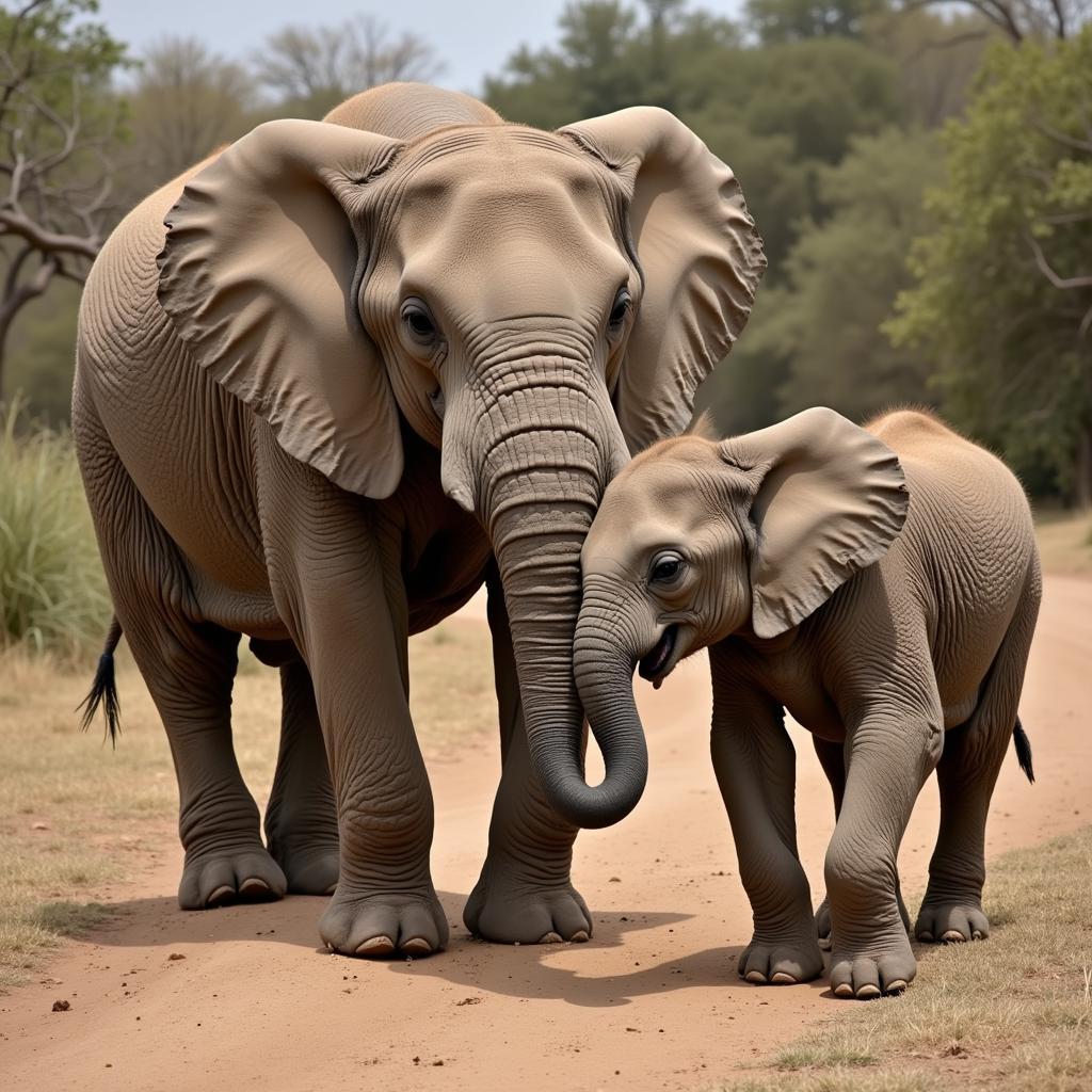 African elephant calf learning to use its trunk