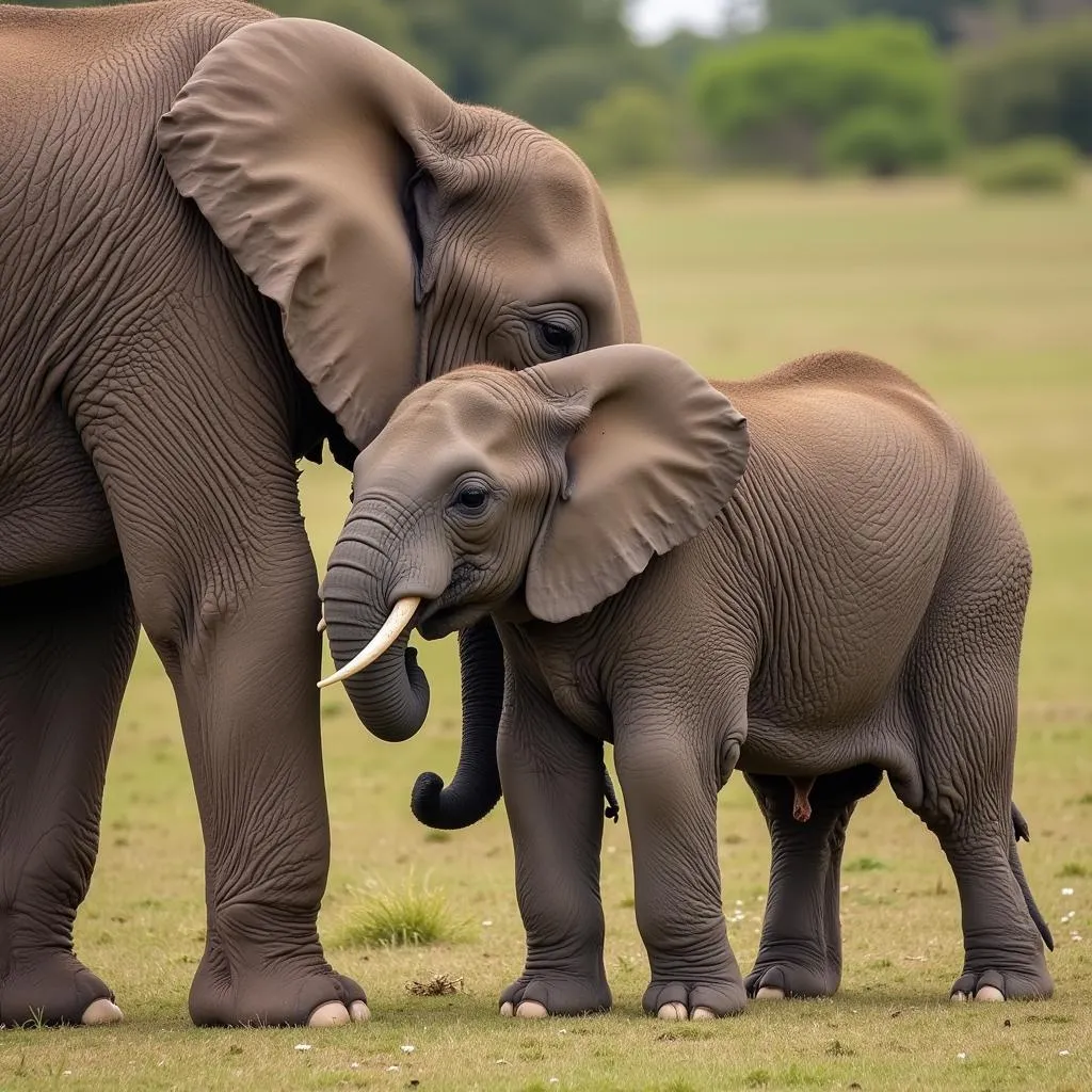 African elephant calf nursing from its mother