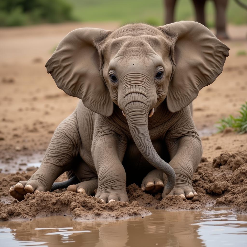 Playful African Elephant Calf in Mud