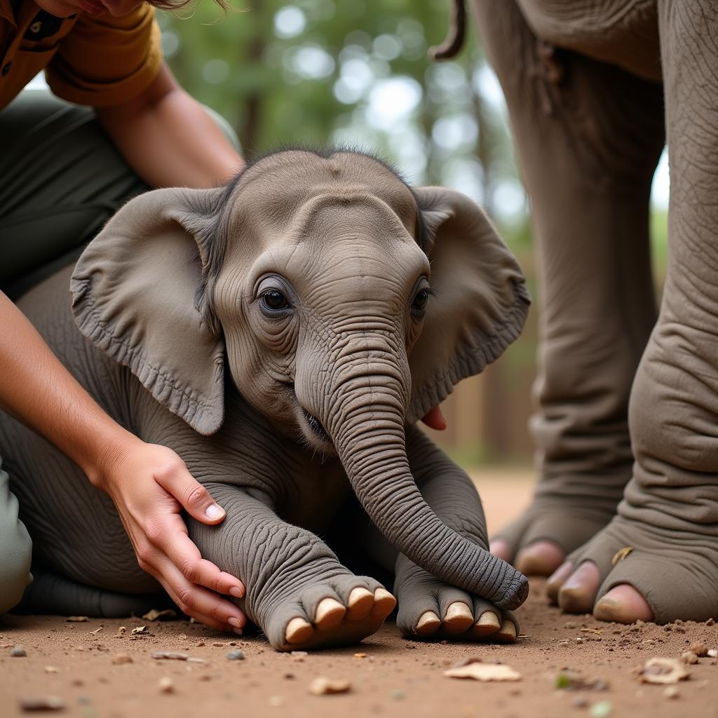 An orphaned African elephant calf at a rehabilitation center