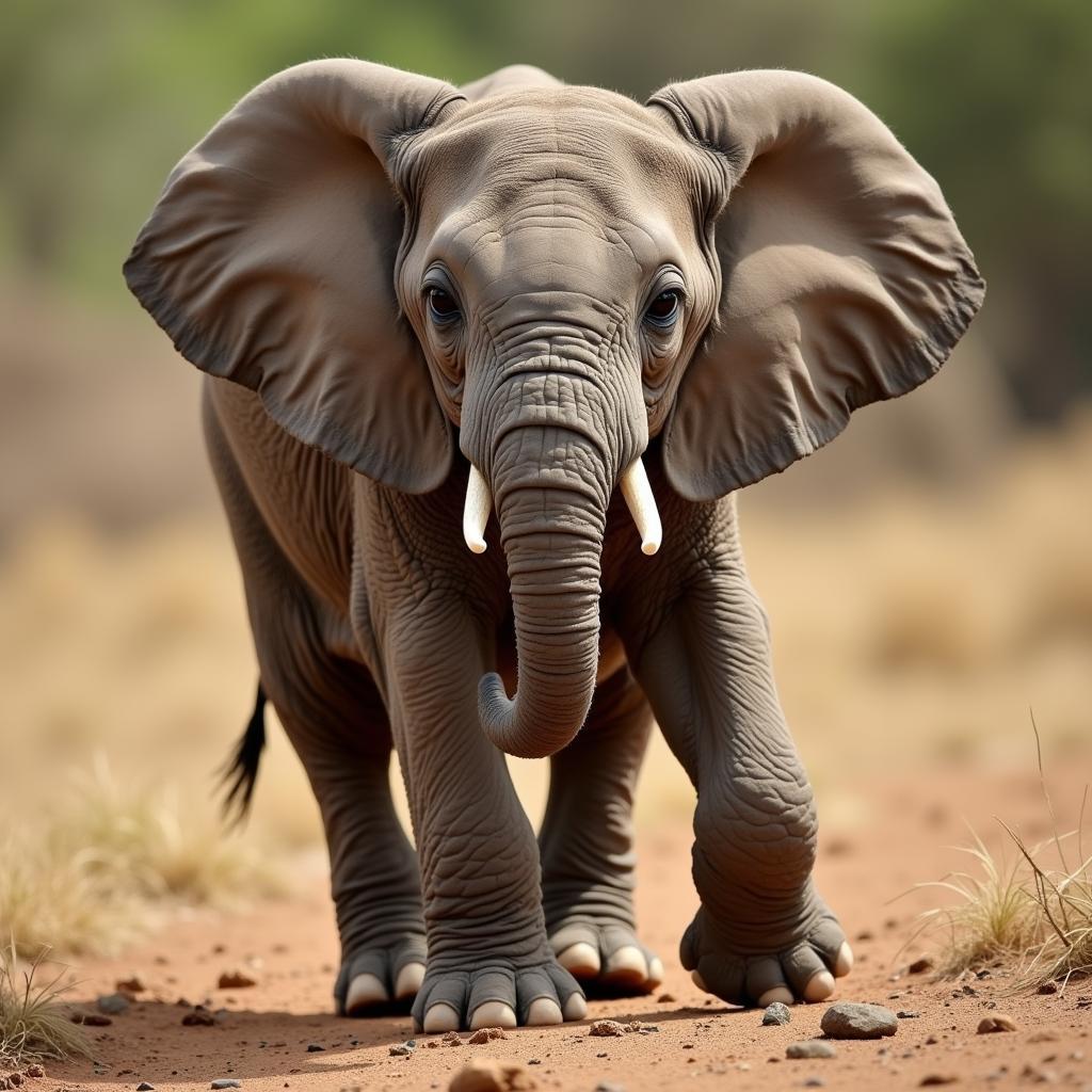 African Elephant Calf with Milk Tusks