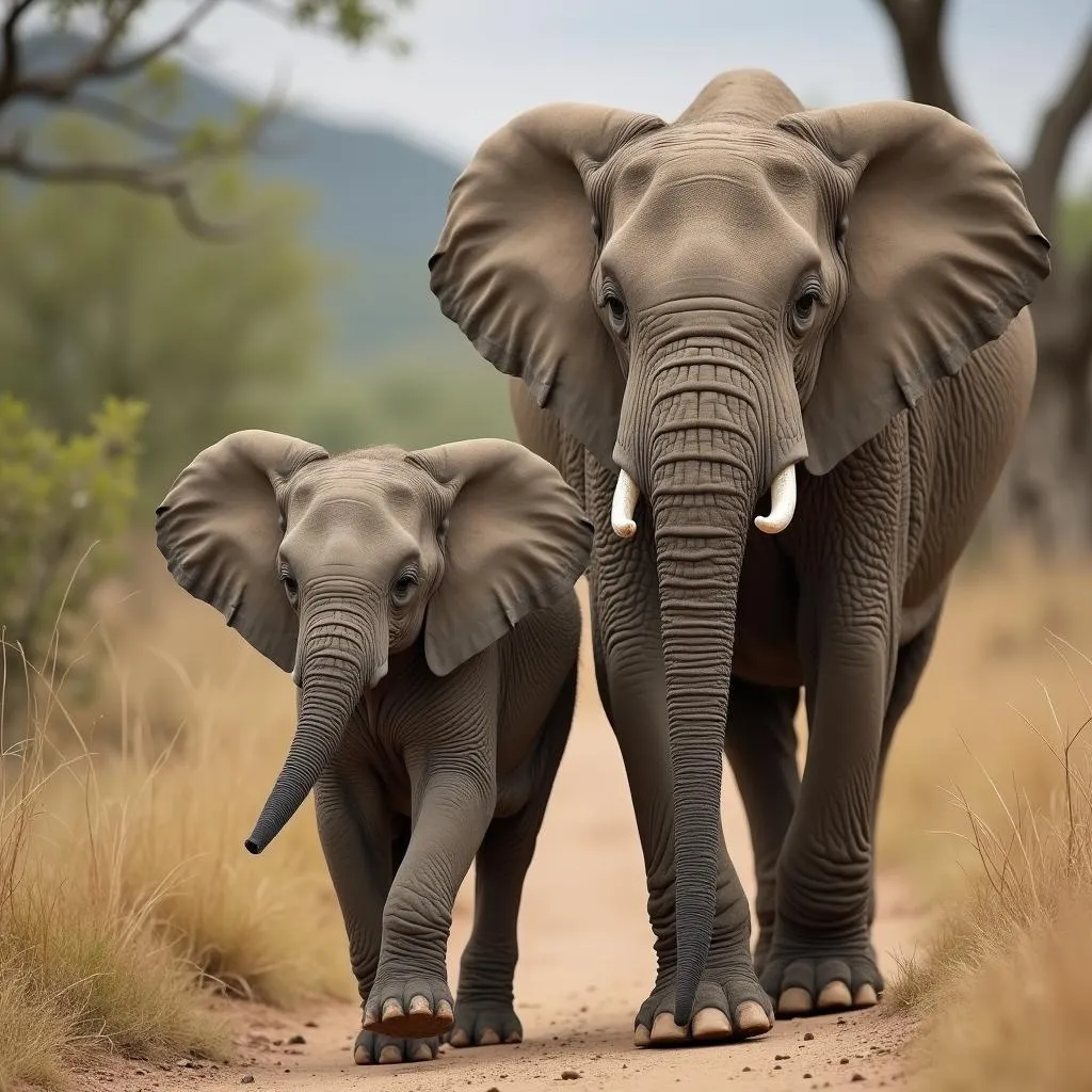 African Elephant Calf with Mother