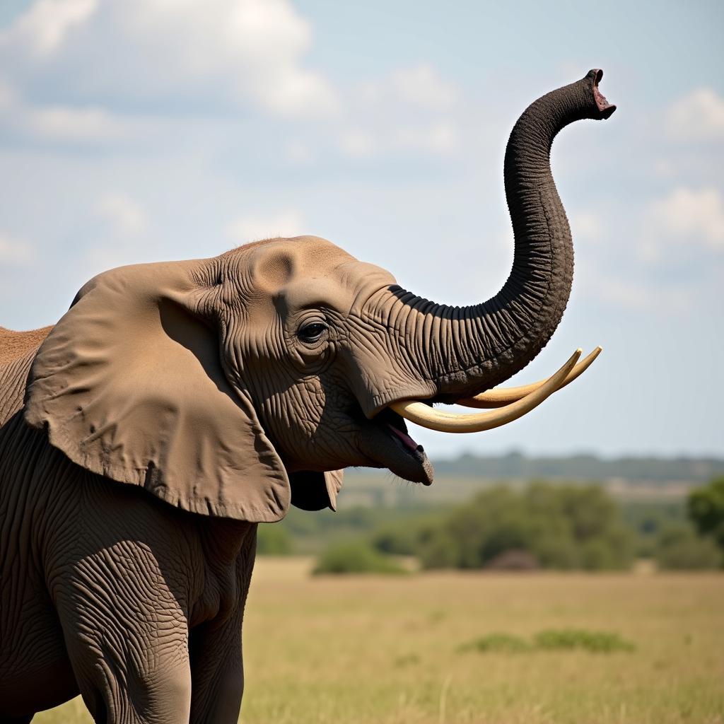 African Elephant Communicating with Trunk Raised