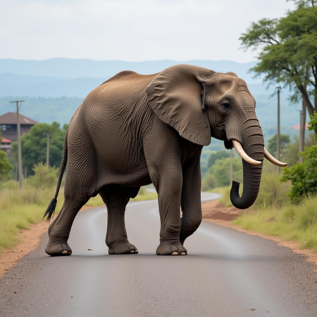 African elephant crossing road near human settlement