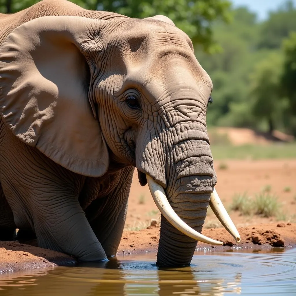 African elephant drinking from waterhole