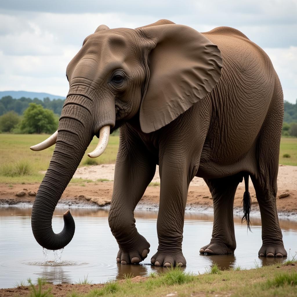 African Elephant Drinking Water with Trunk