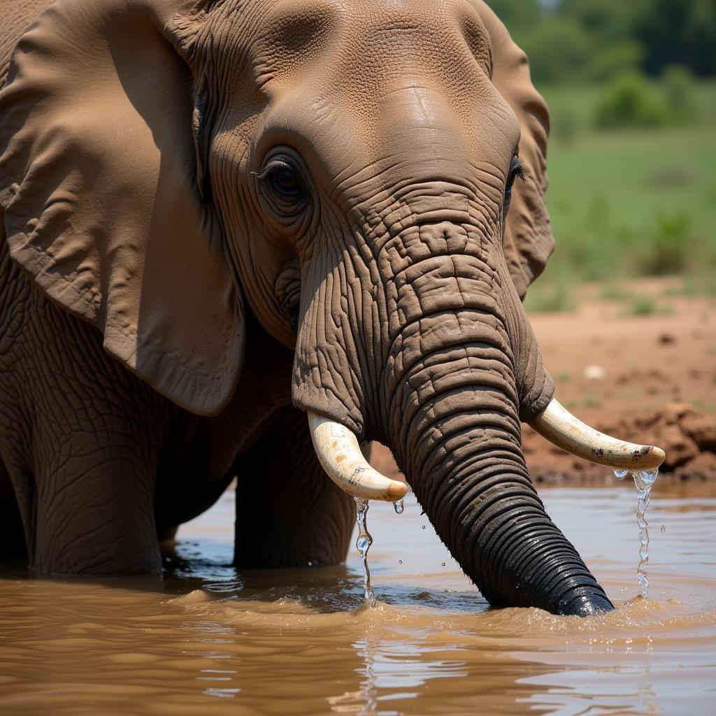 African elephant drinking water at a waterhole