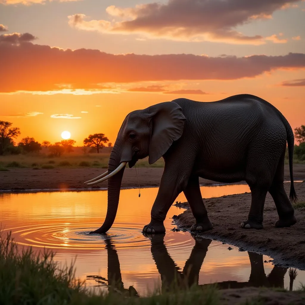 African Elephant Drinking at Waterhole During Sunset