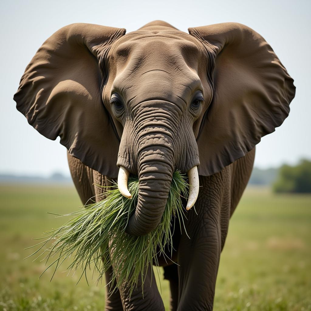 African Elephant Eating Grass