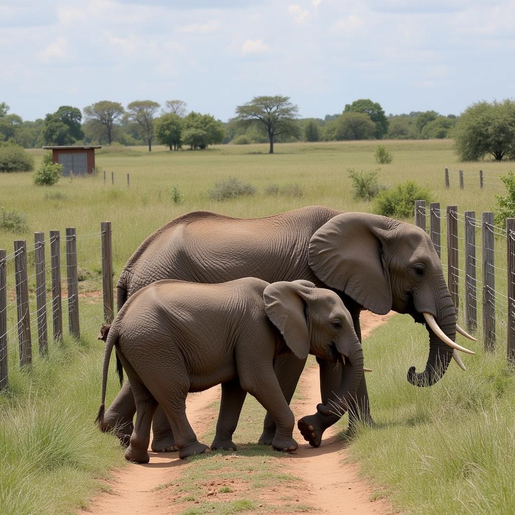 African Elephant Family Crossing Farmland