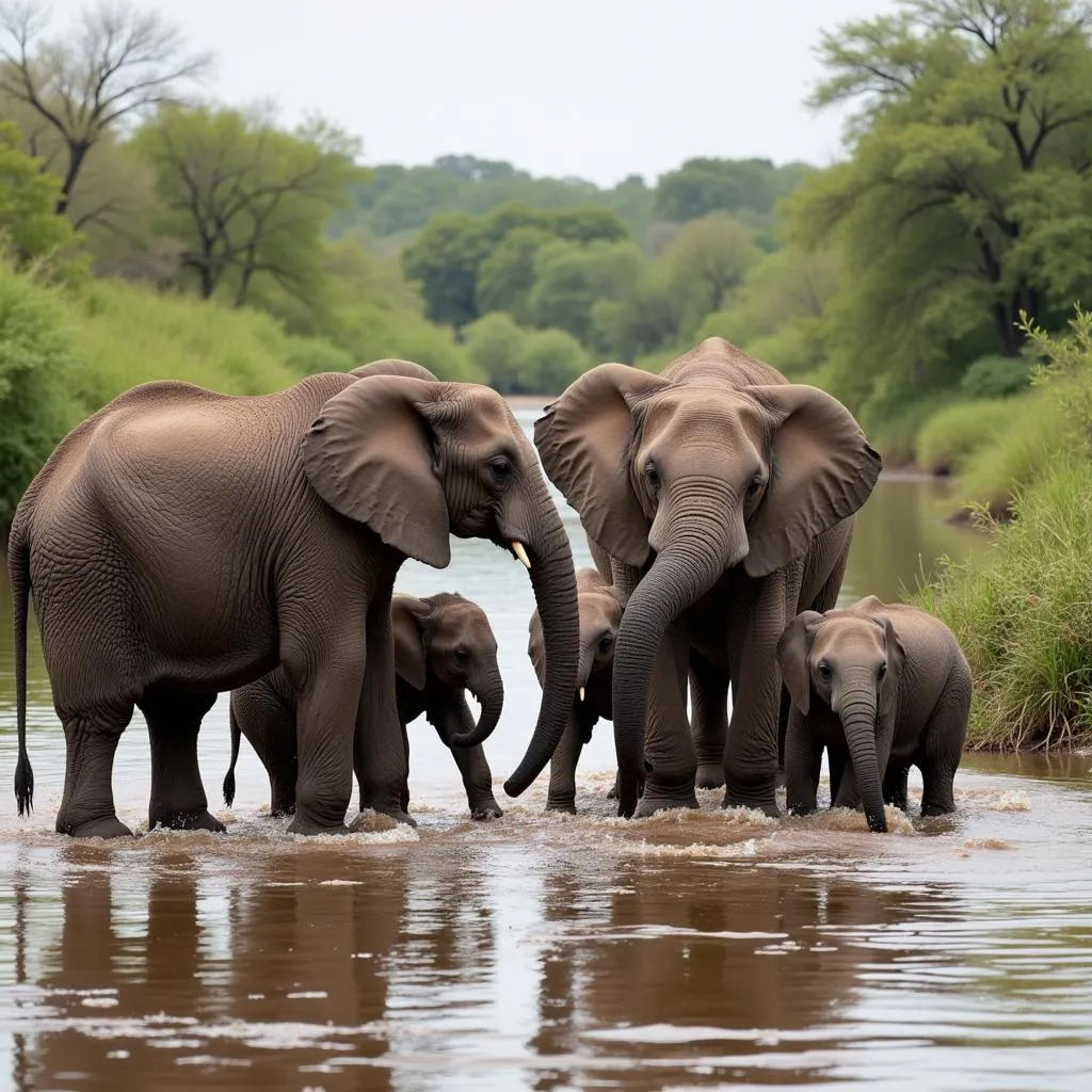 African Elephant Family Crossing a River