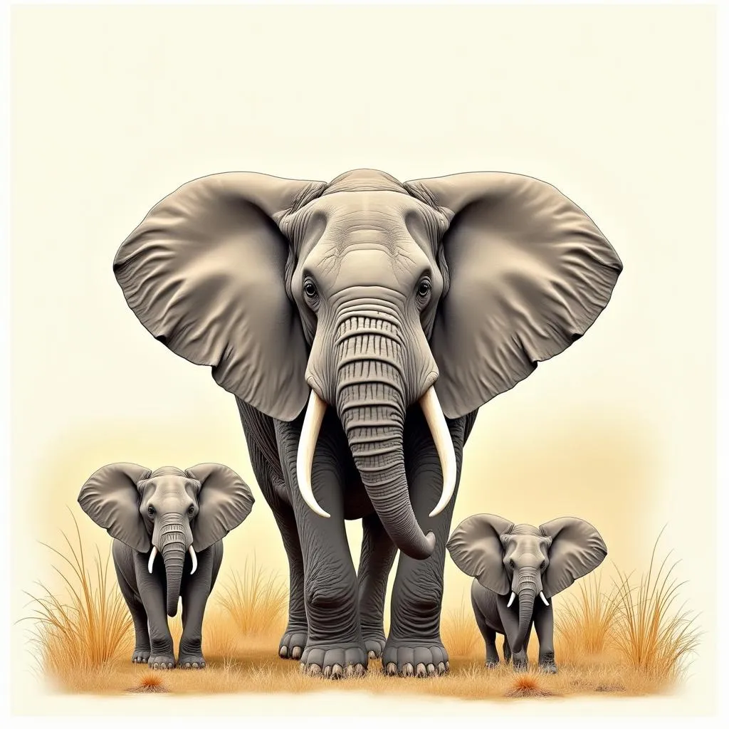 Simple drawing of a mother African elephant with her calf