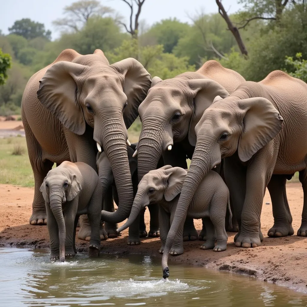 African elephant family drinking water using their trunks