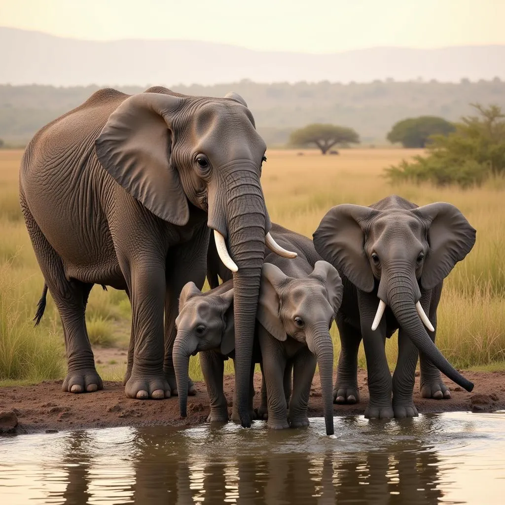 Elephant Family Drinking at a Waterhole